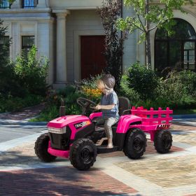 12V Kids Ride On Tractor with Trailer, Battery Powered Electric Car w/ Music, USB, Music, LED Lights, Vehicle Toy for 3 to 6 Ages, Rosy