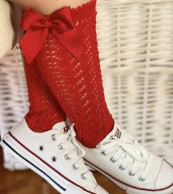 Children's Solid Color Mesh Bow Mid Length Socks With Removable Loops (Option: Red-L foot length14cm)