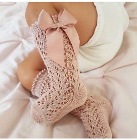 Children's Solid Color Mesh Bow Mid Length Socks With Removable Loops (Option: Lotus root pink color-L foot length14cm)