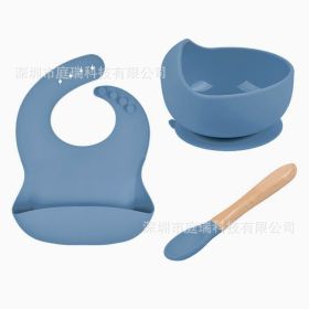 Baby Tableware Solid Food Bowl Silicone Bib Wooden Spoon Three-piece Set (Color: Dark Blue)