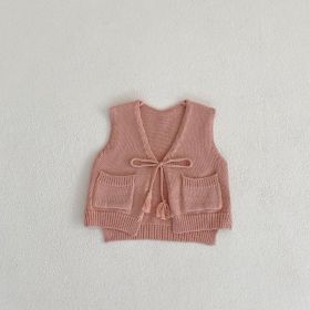 Children's Cardigan Knitted Tassel Tie Vest (Option: Pink-66cm)