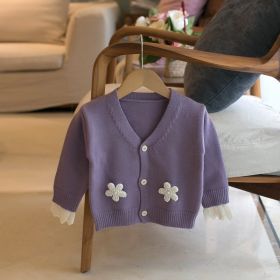 Children's Sweater Girls V-neck Floral Cardigan Sweater (Option: Purple-80cm90cm100cm110cm120cm)