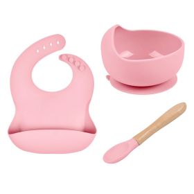 Baby Tableware Solid Food Bowl Silicone Bib Wooden Spoon Three-piece Set (Color: pink)