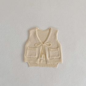Children's Cardigan Knitted Tassel Tie Vest (Option: Apricot White-66cm)