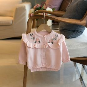 Delicate Crew Neck Embroidered Cardigan Sweater (Option: Pink-80cm90cm100cm110cm120cm)