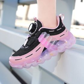 Girls' Sports Rotating Buckle Fleece-lined Running Shoes (Option: Black Pink Mesh-27)