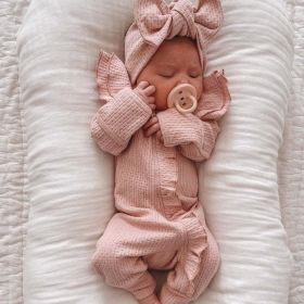 Girl Infant Bodysuit Long-sleeved Knitted Stretch Waffle Jumpsuit (Option: Pink With Hair Band-59cm)