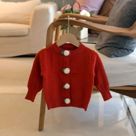 Girls' Solid Color Cardigan Crew Neck Sweater (Option: Red-80cm90cm100cm110cm120cm)