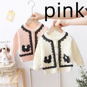 Delicate Bow Crew Neck Pullover Cardigan Sweater (Option: Pink-80cm90cm100cm110cm120cm)