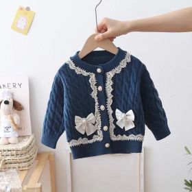 Delicate Bow Crew Neck Pullover Cardigan Sweater (Option: Blue-80cm90cm100cm110cm120cm)