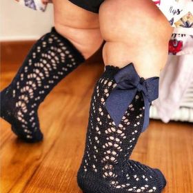 Children's Solid Color Mesh Bow Mid Length Socks With Removable Loops (Option: Royal blue-S foot length10cm)