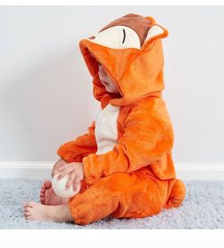 Kid Animal One-piece Pajamas Flannel Jumpsuit Children Cute Fleece Warm Thick Outdoor Wear Soft Spring Autumn Winter Zipper Baby (Color: Orange fox)