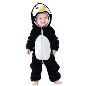 Kid Animal One-piece Pajamas Flannel Jumpsuit Children Cute Fleece Warm Thick Outdoor Wear Soft Spring Autumn Winter Zipper Baby (Color: Black white penguin)