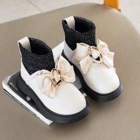 2021 Birthday Party Baby Shoes Girls Bow-knot Velvet Socks Shoes for Children Winter Princess Wedding Party Leather Shoes E10064 (Color: Beige)