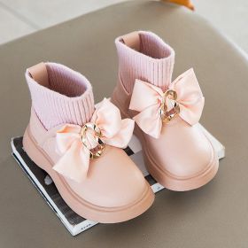 2021 Birthday Party Baby Shoes Girls Bow-knot Velvet Socks Shoes for Children Winter Princess Wedding Party Leather Shoes E10064 (Color: pink)