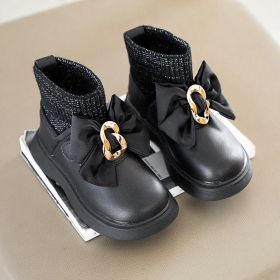 2021 Birthday Party Baby Shoes Girls Bow-knot Velvet Socks Shoes for Children Winter Princess Wedding Party Leather Shoes E10064 (Color: Black)