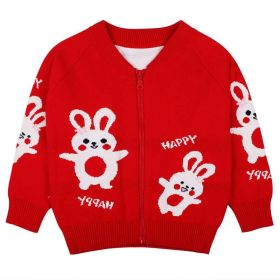 Baby Girl Cartoon Bunny Graphic Zipper Front Design Knit Coat (Size/Age: 120 (5-7Y))