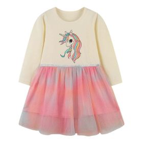 Baby Girl Unicorn Pattern Colorful Mesh Overlay Design Long Sleeve Princess Dress (Size/Age: 90 (12-24M))