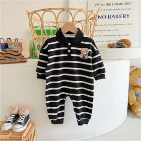 Baby Cartoon Bear Print & Striped Pattern Polo Neck Long Sleeve Romper (Size/Age: 80 (9-12M))