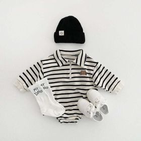 Baby Striped & Cartoon Patched Graphic Polo Neck Long Sleeves Bodysuit Onesies (Size/Age: 73 (6-9M))