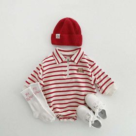 Baby Striped & Cartoon Patched Graphic Polo Neck Long Sleeves Bodysuit Onesies (Size/Age: 66 (3-6M))