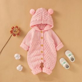 Baby 1pcs Cable Knitted Graphic Button Front Design Rompers With Hairball Patched Hat (Size/Age: 80 (9-12M))