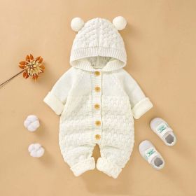 Baby 1pcs Cable Knitted Graphic Button Front Design Rompers With Hairball Patched Hat (Size/Age: 90 (12-24M))