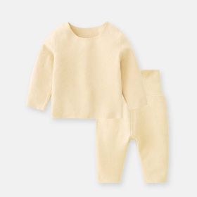 Baby 2pcs Solid Color Longsleeve Shirt And Pants Warm Winter Sets Pajamas (Color: Yellow)