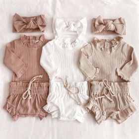 Baby Girl Wood Ear Design Solid Color Long-Sleeved Round Collar Tops Combo Shorts Cotton Sets (Size/Age: 90 (12-24M))