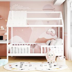 Twin Size Wood House Bed with Fence (Color: White)