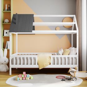 Twin Size Wood House Bed with Fence (Color: White+Gray)