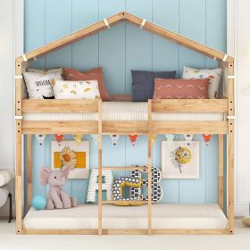 Twin Over Twin Bunk Bed Wood Bed with Tent (Color: Natural)