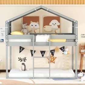 Twin Over Twin Bunk Bed Wood Bed with Tent (Color: Gray)