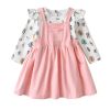 Baby Girl Cartoon Pattern Long Sleeve Tops Combo Solid Strap Dress Sets