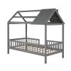 Twin Size Wood House Bed with Fence