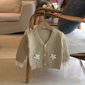 Children's Sweater Girls V-neck Floral Cardigan Sweater (Option: Khaki-80cm90cm100cm110cm120cm)