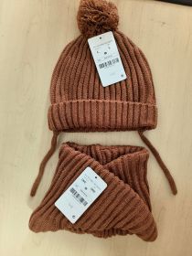 Fake Fur Ball Decorative Baby Knitted Wool Hat Knitted Scarf Two-piece Set (Option: camel-Small size)