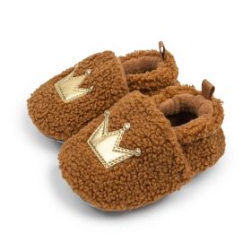 Plush Warm With Velvet Soft Bottom Crown Toddler Shoes (Option: Brown-13cm)