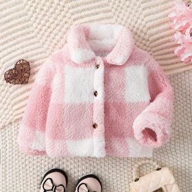 Children Girls' Autumn And Winter Lapel Plaid Single-breasted Long Sleeve Fashionable Korean Style Fashionable Velvet Coat (Option: Pink-110)