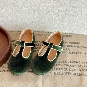 Autumn And Winter Sweet Velvet Children's Leather Shoes T-shaped Pumps Retro (Option: Olive Green-25 Yards)