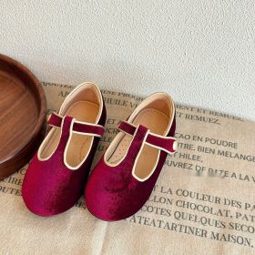 Autumn And Winter Sweet Velvet Children's Leather Shoes T-shaped Pumps Retro (Option: Red-25 Yards)