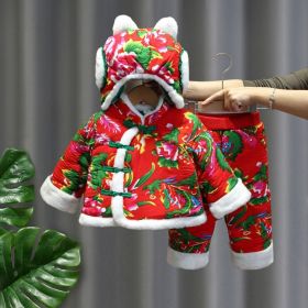 Large Floral Jacket Winter Thickened Girls Padded Cotton Clothes Cotton Pants (Option: Red-100cm)