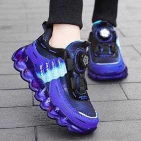 Girls' Sports Rotating Buckle Fleece-lined Running Shoes (Option: Blue Leather-39)