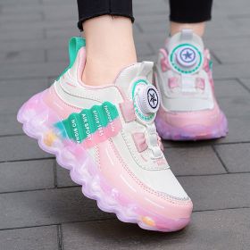 Girls' Sports Rotating Buckle Fleece-lined Running Shoes (Option: Pink Leather-39)