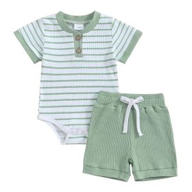 Baby Jumpsuit Short Sleeve Toddler Jumpsuit Romper Shorts Suit (Option: Light Green Stripes-6to9M)